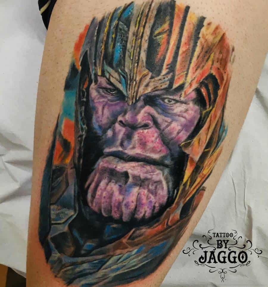 A realistic Thanos tattoo with intense shading and vibrant colors, capturing his menacing expression and battle-worn armor