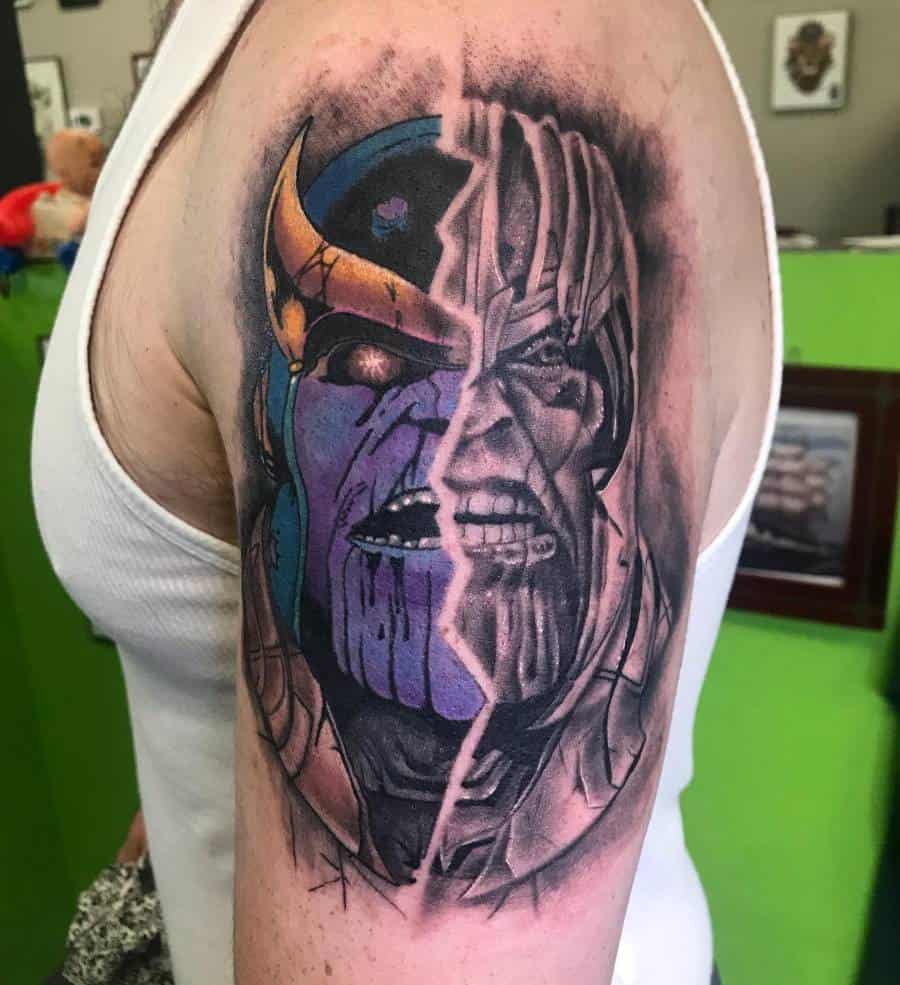 A striking tattoo of Thanos, featuring a split design that shows his face in a menacing expression, with one side in full color and the other side in black and gray shading