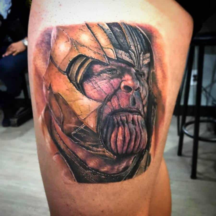 A highly detailed tattoo of Thanos' face, featuring his intense expression and the intricate details of his helmet
