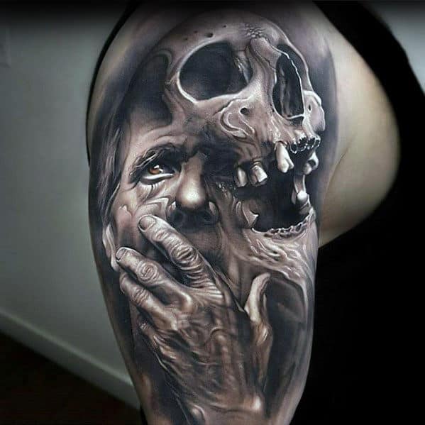 Portrait With Skull Guys 3d Shaded Arm Tattoo Designs