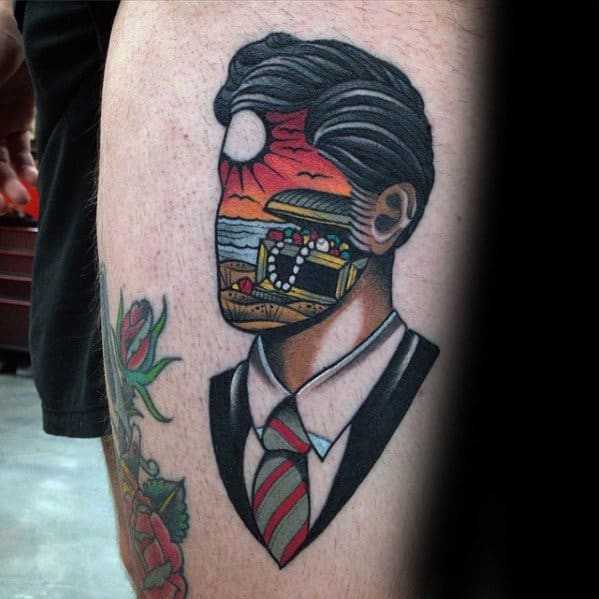 Portrait With Treasure Chest Guys Thigh Tattoos