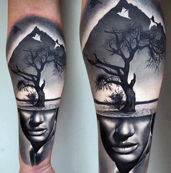 Portrait With Tree 3d Mens Different Forearm Sleeve Tattoo