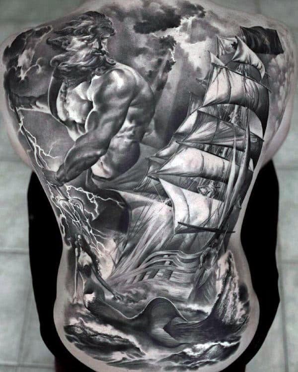 Poseidon Greek Mythology Tattoo On Back Of Man