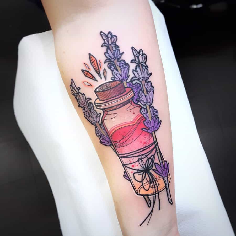 A unique tattoo featuring a lavender-filled bottle with a burst of sparkles, surrounded by lavender sprigs and intricate details.