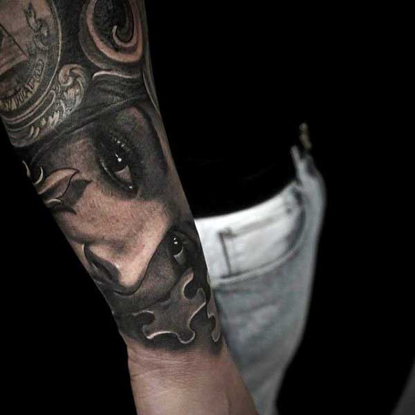 Potrait Puzzle Piece Mens Tattoo On Forearm