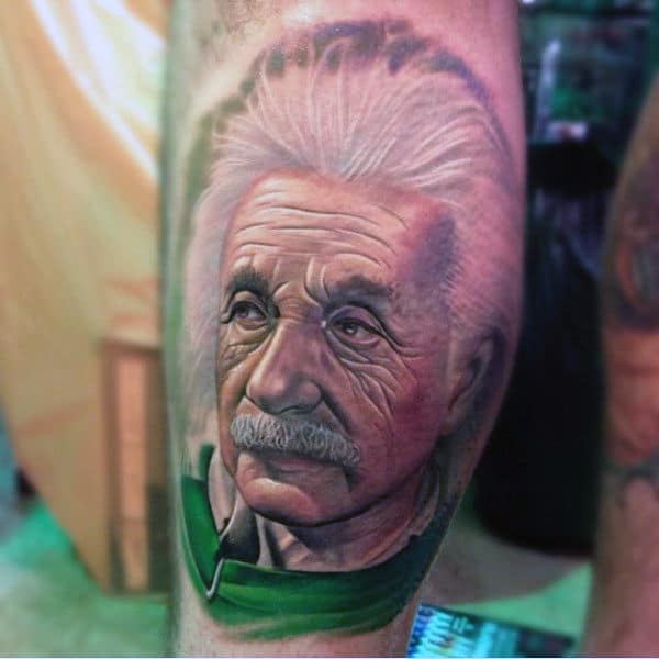 Potrait Science Tattoo Of Albert Einstein On Leg