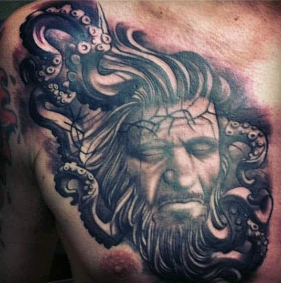Potrait Squid Tentacles Mens Tattoo On Upper Chest