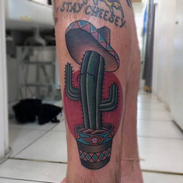 Potted Cactus Plant With Red Sun Male Tattoos On Lower Leg
