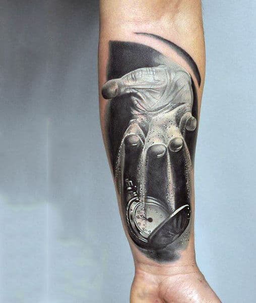 Pouring Sand Over Pocket Watch Tattoo Forearms Male