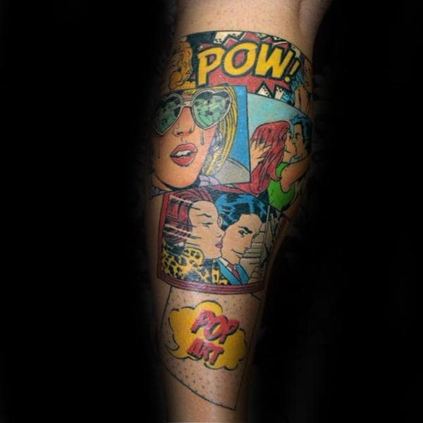 Pow Mens Comic Strip Pop Art Leg Tattoo
