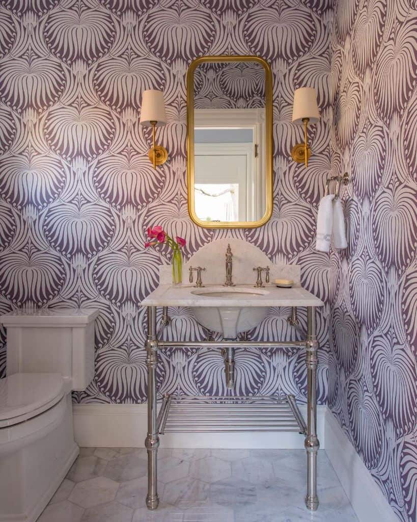 purple and white pattern wallpaper powder room