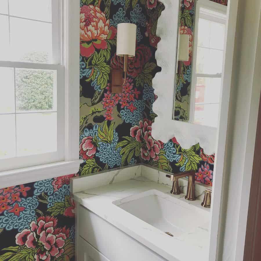 colorful floral wallpaper small bathroom
