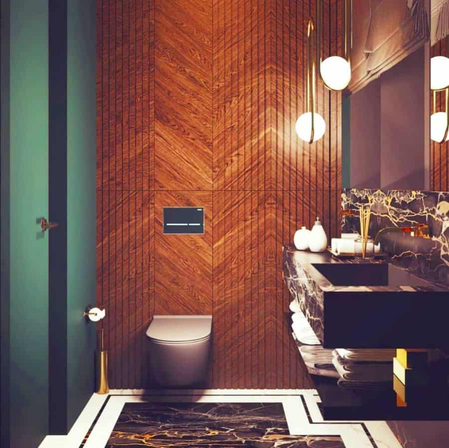 luxury bathroom wood wall paneling marble sink floating toilet