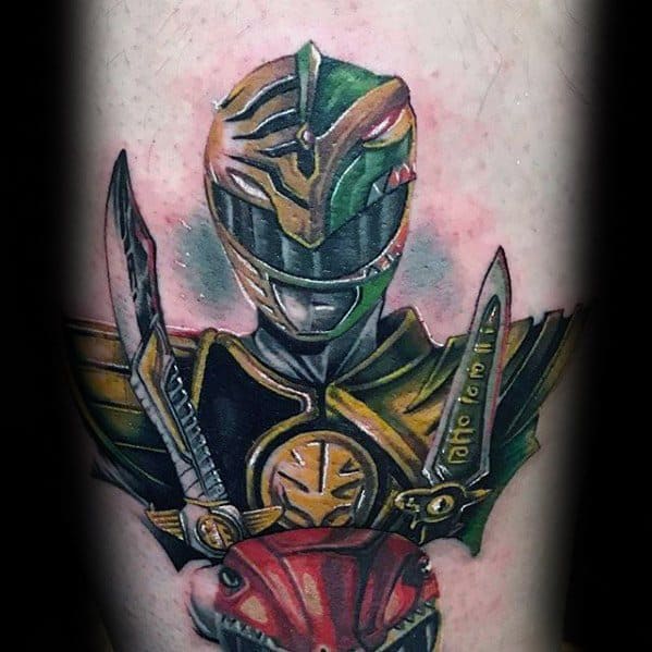 Detailed Green Ranger and White Ranger fusion tattoo holding both Saba and the Dragon Dagger, with dynamic armor and bold colors.