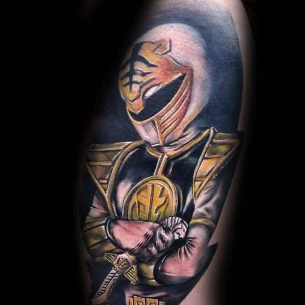 White Ranger tattoo in a powerful pose with arms crossed, detailed gold armor, and Saba sword, highlighted by smooth shading and glow effects.