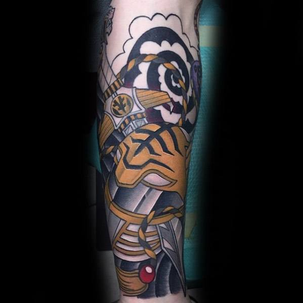 Stylized White Ranger helmet and Saba sword tattoo with bold outlines, gold accents, and a dramatic black and white cloud background.