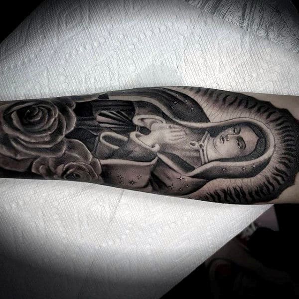 Prayer Virgin Mary Forearm Tattoo On Male With Rose Flower Design