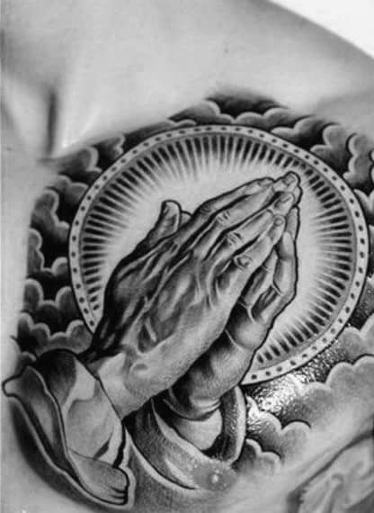 Praying Hands Cloud Mens Chest Tattoo