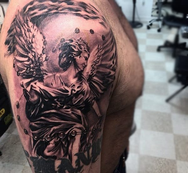 Praying Hands Rosary Mens Tattoo With Angel Half Sleeve