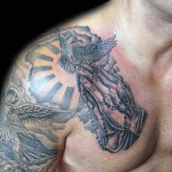 Praying Hands Tattoo With Clouds For Men On Shoulder