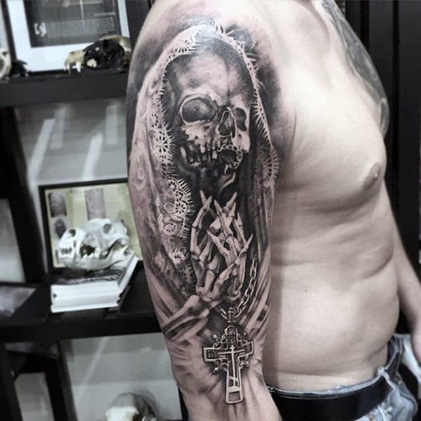 Praying Skeleton With Cross Guys 3d Half Sleeve Tattoo