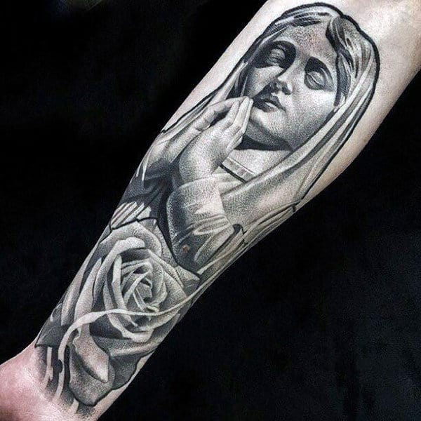 Praying Virgin Mary Inner Forearm Male Tattoos
