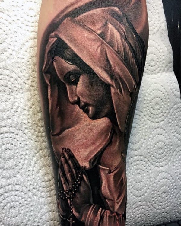 Praying Virgin Mary With Rosary Mens Forearm Sleeve Tattoo