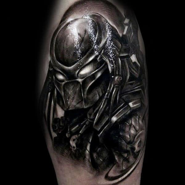 Predator Black And Grey With Glowing White Eyes Mens Arm Tattoos