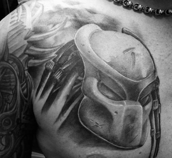 Predator Mask Mens Upper Chest Tattoos