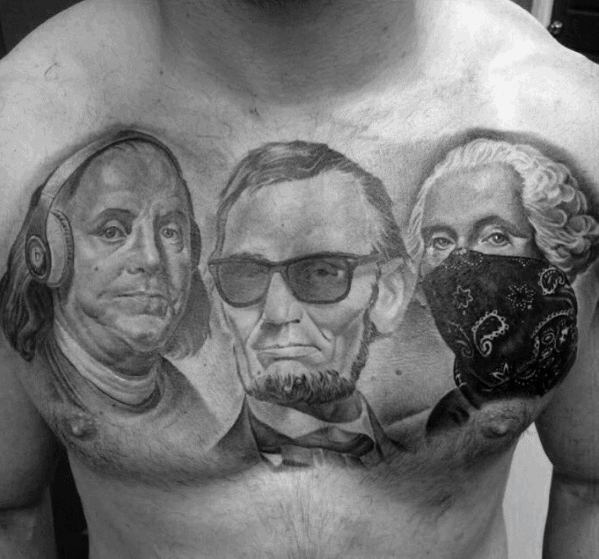 Chest tattoo of Franklin, Lincoln, and Washington with modern accessories