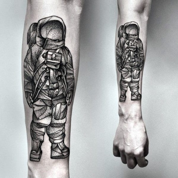 Pretty Dotted Grey Astronaut Tattoo On Forearms Guys