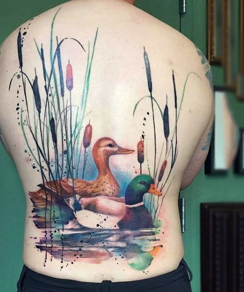 Pretty Ducks Watercolor Tattoo On Full Back For Men