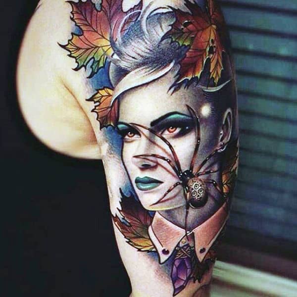 Pretty Lady And Spider Tattoo On Arms For Men
