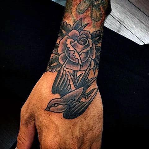 Pretty Sparrow And Rose Tattoo Mens Forearms