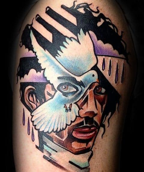 Abstract tattoo of a face with a dove and artistic elements like stripes, clouds, and purple accents reminiscent of Prince