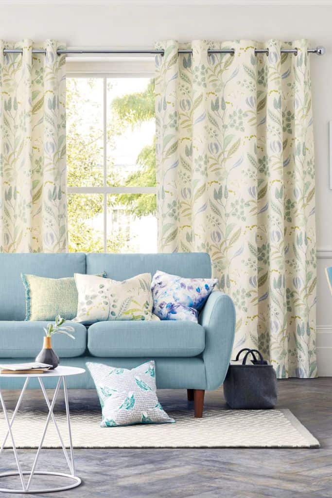 floral print curtains blue sofa living room