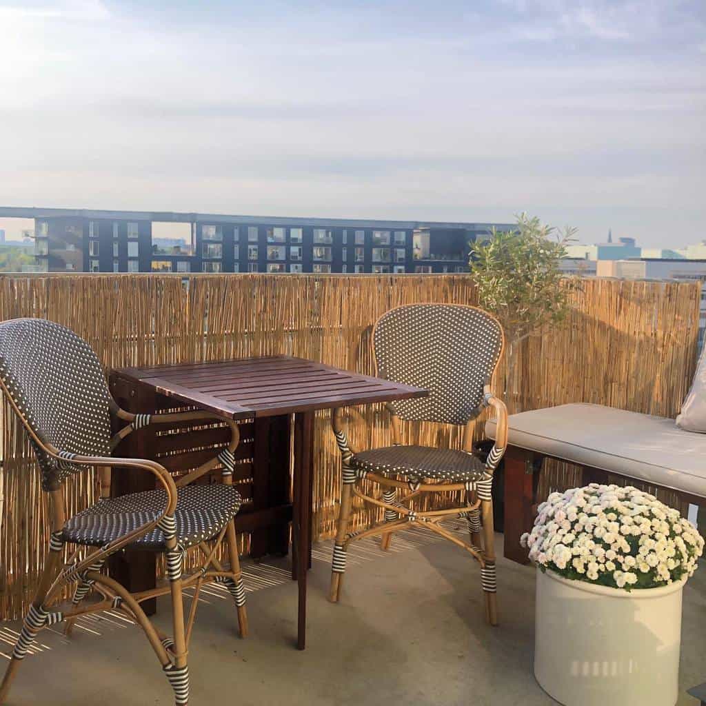 Rooftop patio with bistro table, wicker chairs, potted flowers, and bamboo privacy screen.