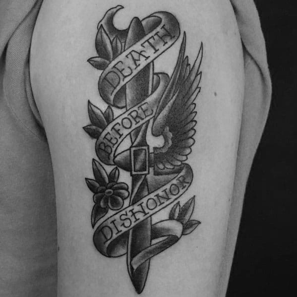 Black and grey upper arm tattoo featuring a propeller wrapped in a "Death Before Dishonor" banner, with floral and wing details for a bold design.