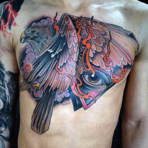 Psychedelic Hawk And Seeing Eye Chest Tattoo On Male
