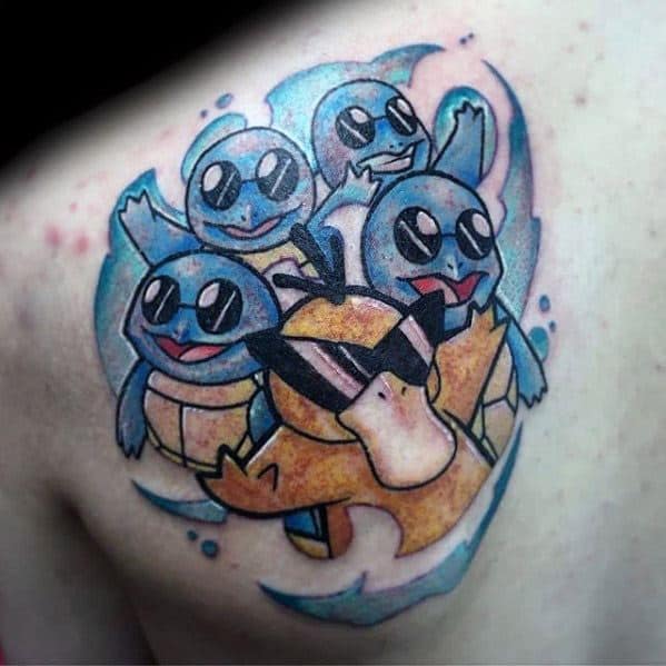 Cool Psyduck tattoo wearing sunglasses, surrounded by Squirtles with shades, in a fun and vibrant design on a man's shoulder.