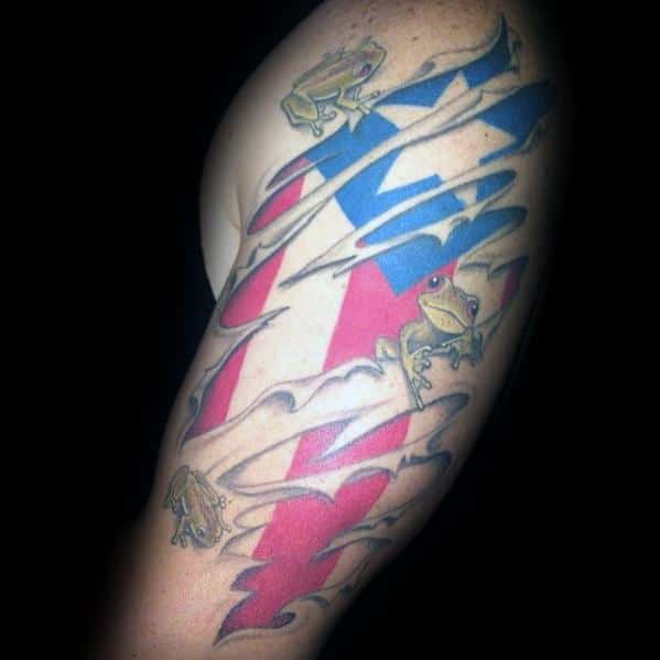 Puerto Rican flag tattoo with a ripped skin effect and coquí frogs, symbolizing national pride, heritage, and the island's iconic wildlife.