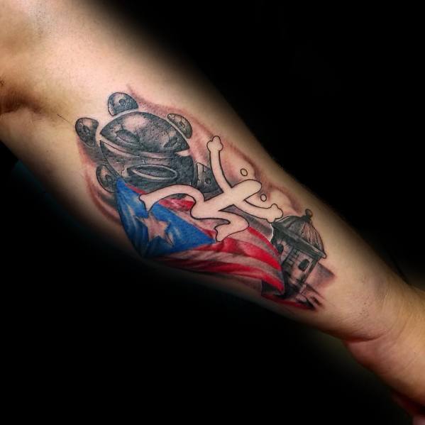 Puerto Rican flag tattoo with cultural elements, featuring the Taíno symbol, a waving flag, and a historic garita, blending heritage and pride.