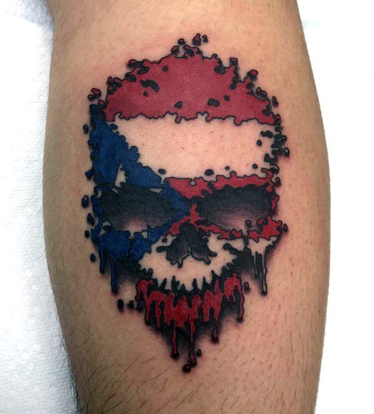 Puerto Rican flag tattoo in a skull design with a dripping effect, blending patriotism and edgy artistic style.