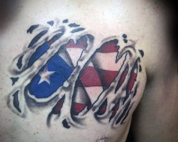 Puerto Rican flag tattoo with a ripped skin effect on the chest, revealing bold red, white, and blue colors with a striking star design.