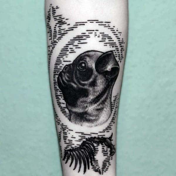 Pug Dog Woodcut Mens Tattoo On Forearm