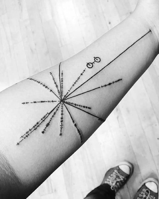 Black and white image of a forearm tattoo featuring the Pioneer plaque design with lines and a Pulsar map
