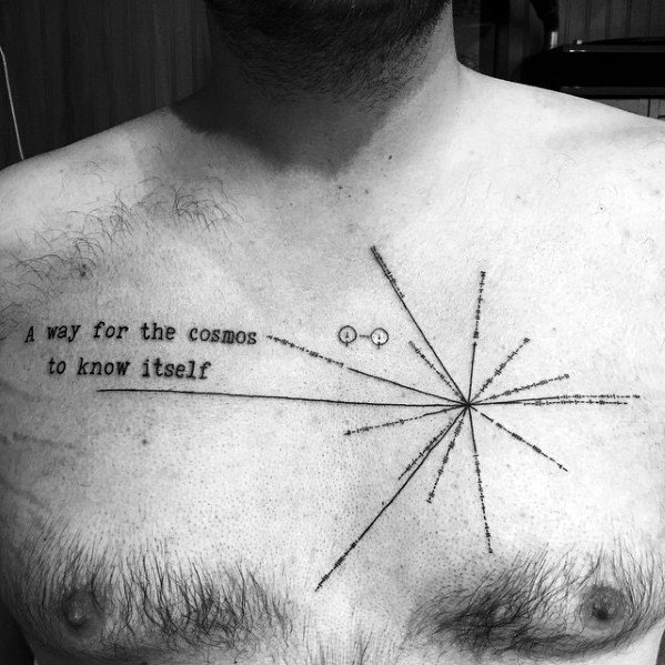 A chest tattoo reads "A way for the cosmos to know itself" with a Pulsar Map starburst design