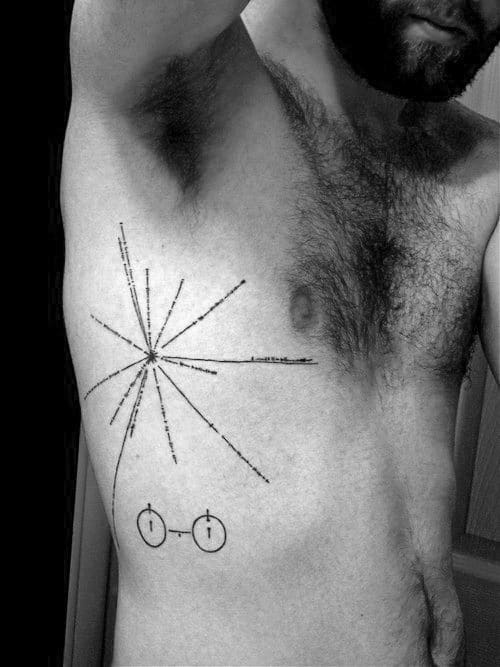 A man's torso features a tattoo of scientific diagrams, depicting a pulsar map, particle collision, and molecules