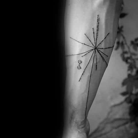 Minimalist pulsar map tattoo on the leg, with radiating lines, binary markings, and coordinate symbols.