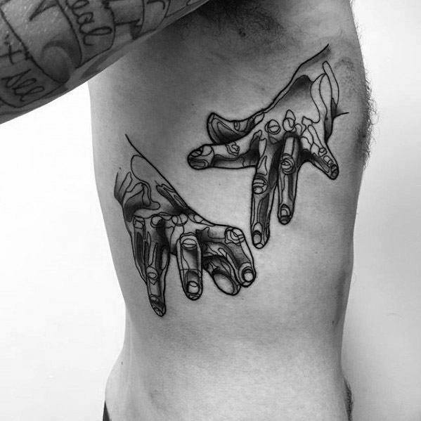 Linework puppet tattoo of two expressive hands in motion with string loops, symbolizing control, creativity, or manipulation through gesture.